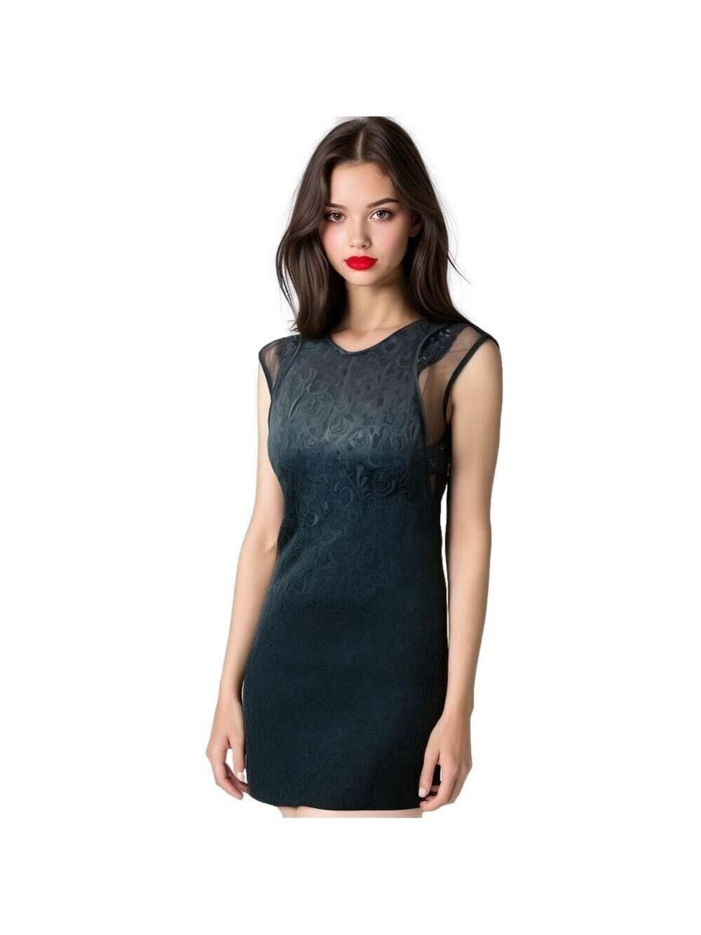 The Kooples Black Mini Sheath Dress Mesh & Lace Cap Sleeves Damask Jacquard XS